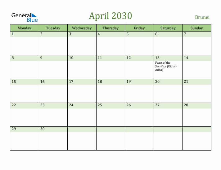 April 2030 Calendar with Brunei Holidays