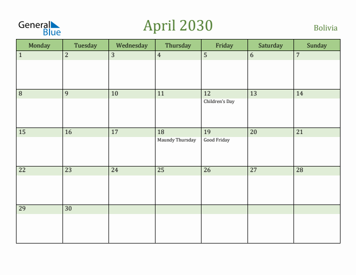 April 2030 Calendar with Bolivia Holidays