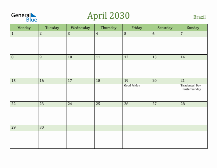 April 2030 Calendar with Brazil Holidays