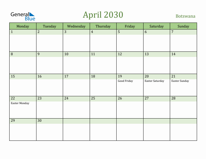 April 2030 Calendar with Botswana Holidays