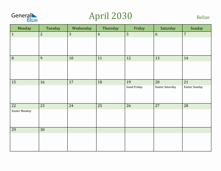 April 2030 Calendar with Belize Holidays