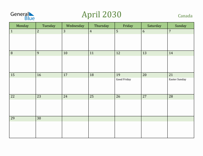 April 2030 Calendar with Canada Holidays