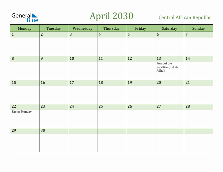 April 2030 Calendar with Central African Republic Holidays