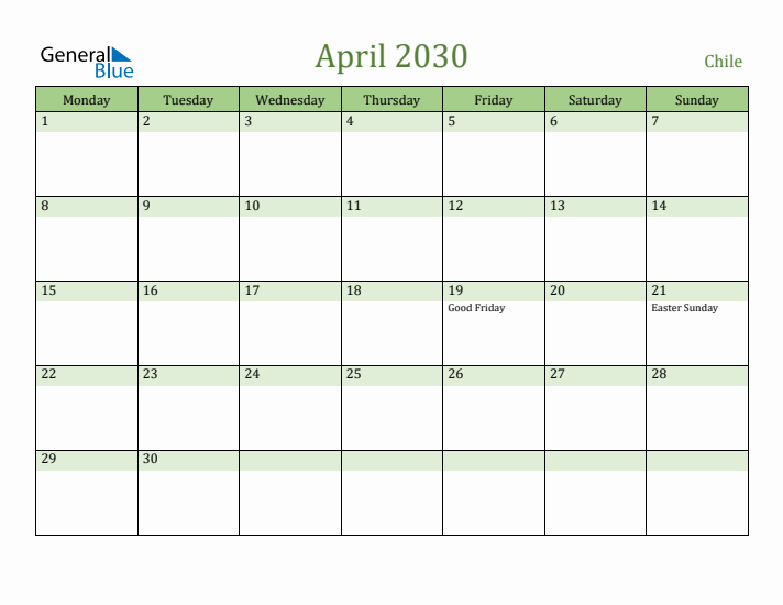 April 2030 Calendar with Chile Holidays