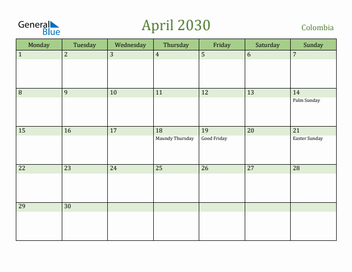 April 2030 Calendar with Colombia Holidays