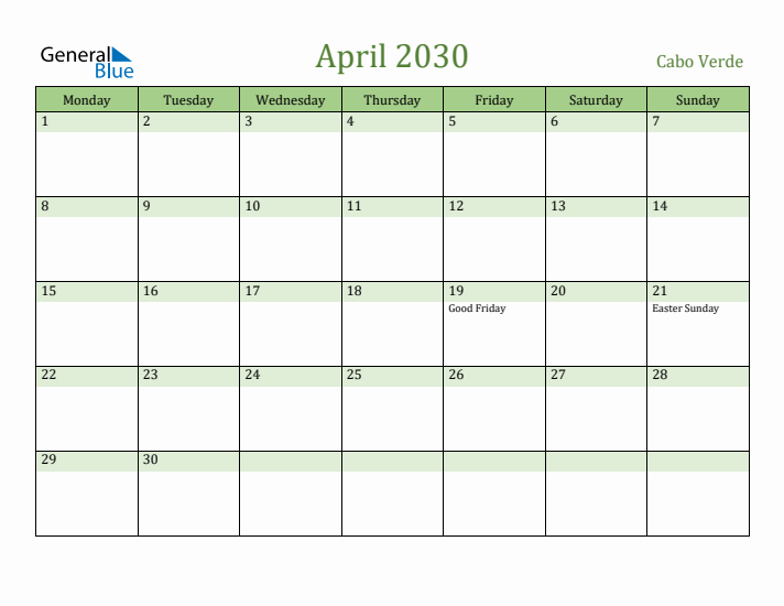 April 2030 Calendar with Cabo Verde Holidays