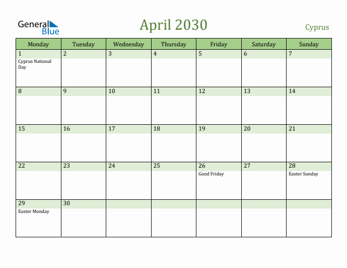April 2030 Calendar with Cyprus Holidays