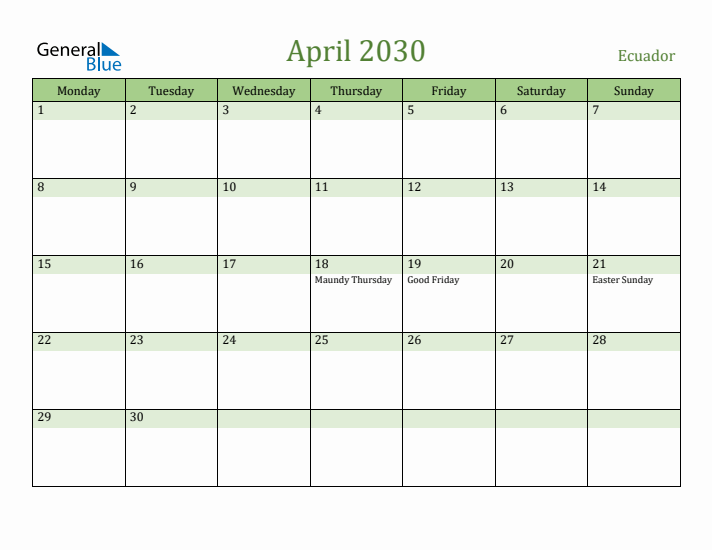 April 2030 Calendar with Ecuador Holidays