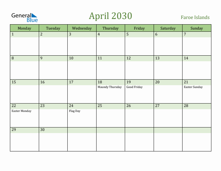 April 2030 Calendar with Faroe Islands Holidays