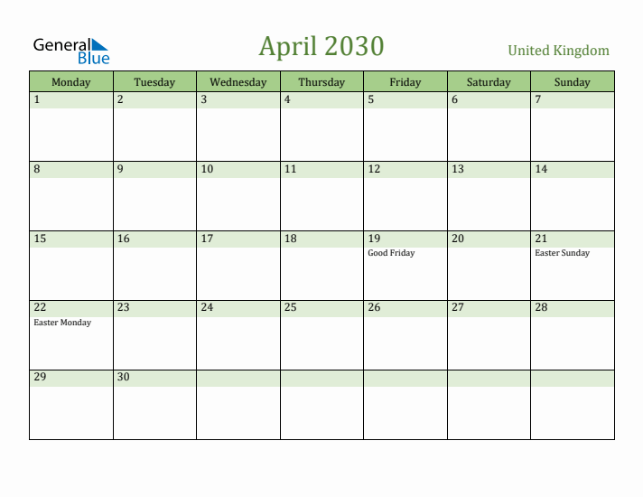 April 2030 Calendar with United Kingdom Holidays