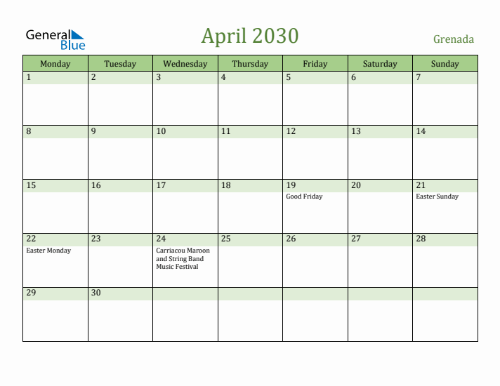 April 2030 Calendar with Grenada Holidays