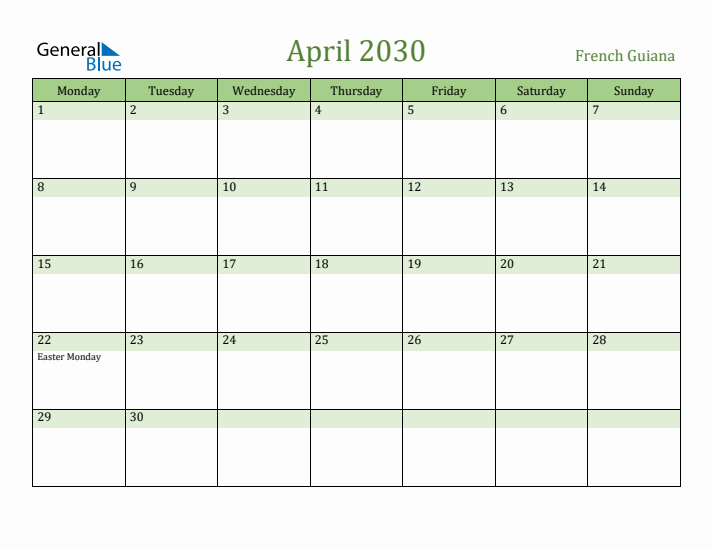 April 2030 Calendar with French Guiana Holidays