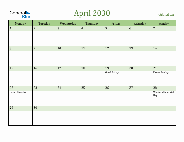 April 2030 Calendar with Gibraltar Holidays