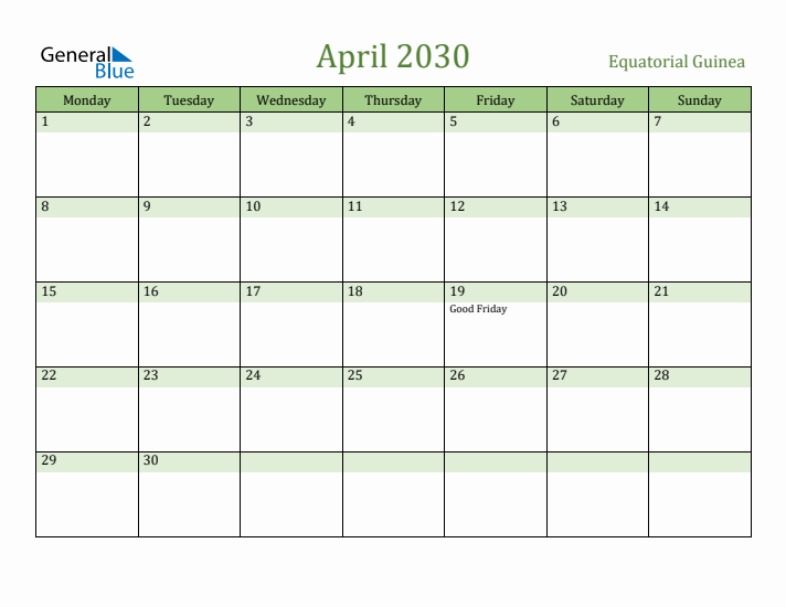 April 2030 Calendar with Equatorial Guinea Holidays