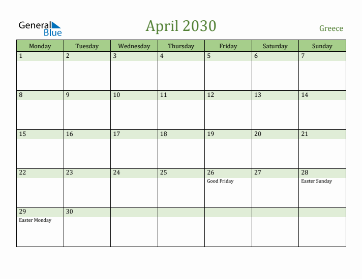April 2030 Calendar with Greece Holidays