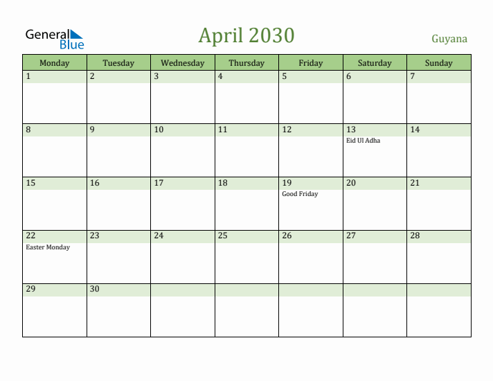 April 2030 Calendar with Guyana Holidays
