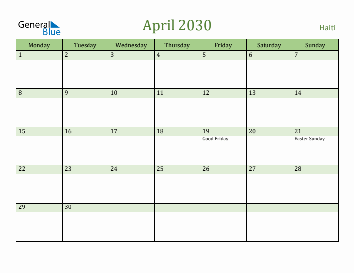 April 2030 Calendar with Haiti Holidays