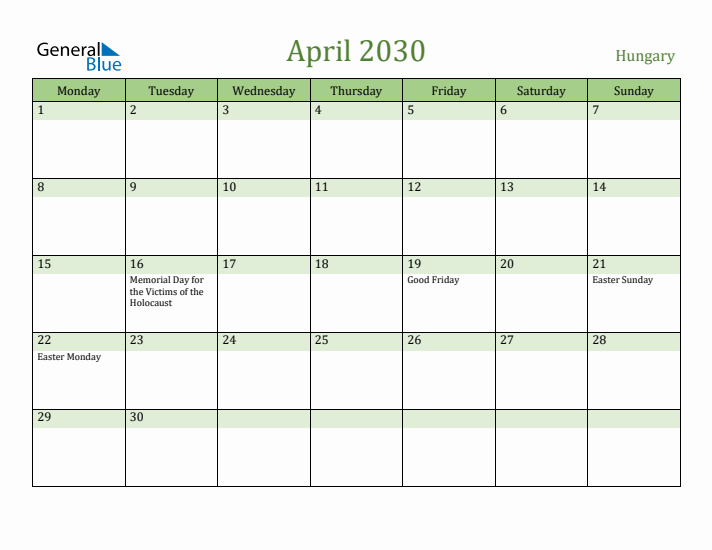 April 2030 Calendar with Hungary Holidays