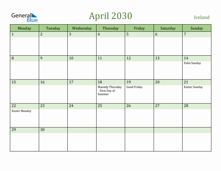 April 2030 Calendar with Iceland Holidays