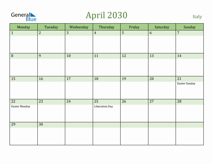 April 2030 Calendar with Italy Holidays