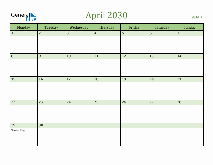 April 2030 Calendar with Japan Holidays