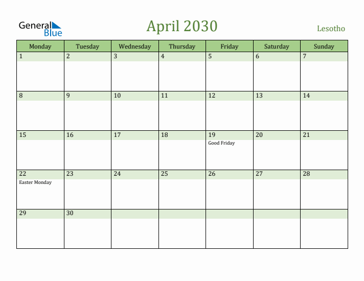 April 2030 Calendar with Lesotho Holidays