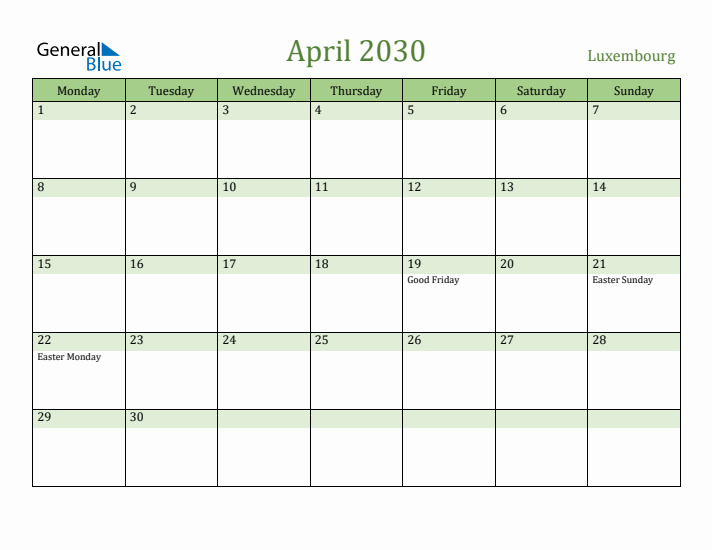 April 2030 Calendar with Luxembourg Holidays