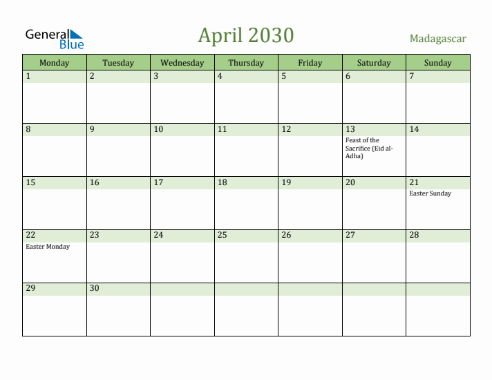 April 2030 Calendar with Madagascar Holidays