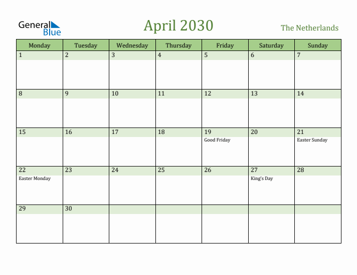 April 2030 Calendar with The Netherlands Holidays