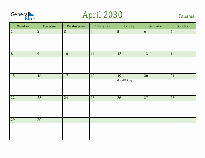 April 2030 Calendar with Panama Holidays