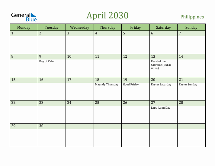 April 2030 Calendar with Philippines Holidays