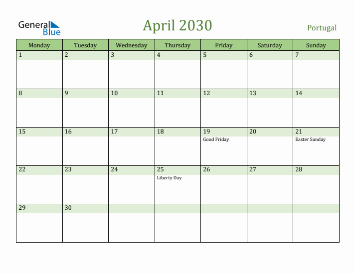 April 2030 Calendar with Portugal Holidays