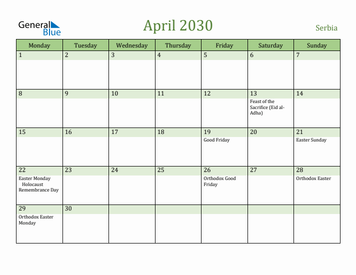 April 2030 Calendar with Serbia Holidays