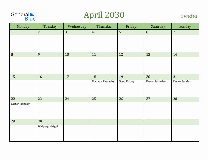April 2030 Calendar with Sweden Holidays