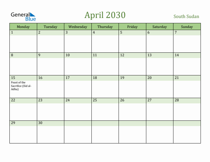 April 2030 Calendar with South Sudan Holidays