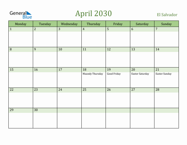April 2030 Calendar with El Salvador Holidays
