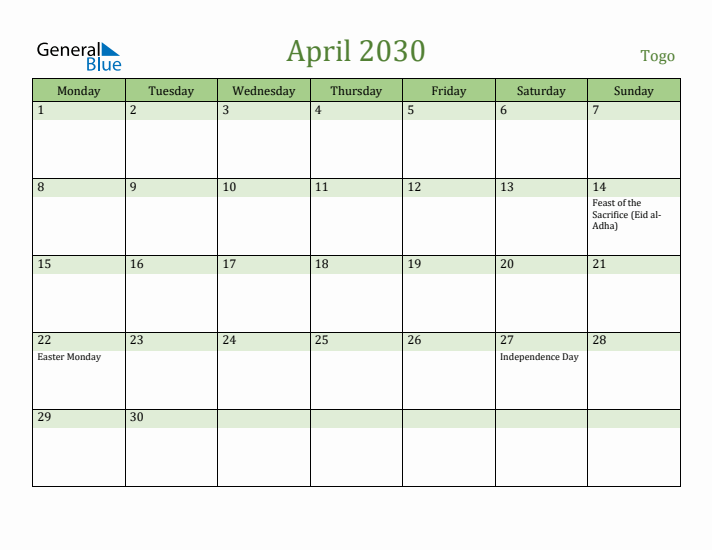 April 2030 Calendar with Togo Holidays