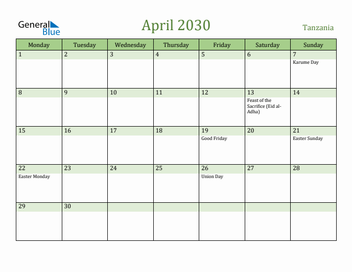 April 2030 Calendar with Tanzania Holidays
