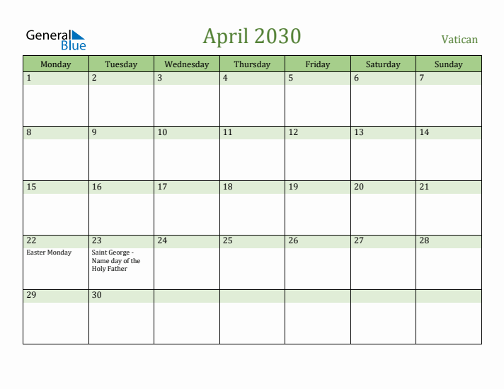 April 2030 Calendar with Vatican Holidays