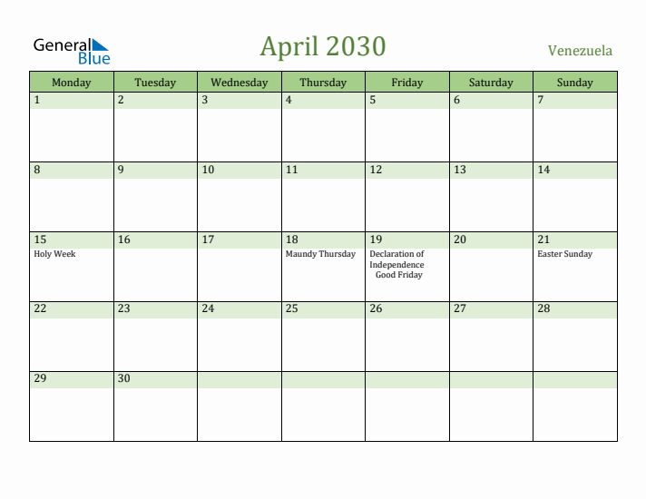 April 2030 Calendar with Venezuela Holidays