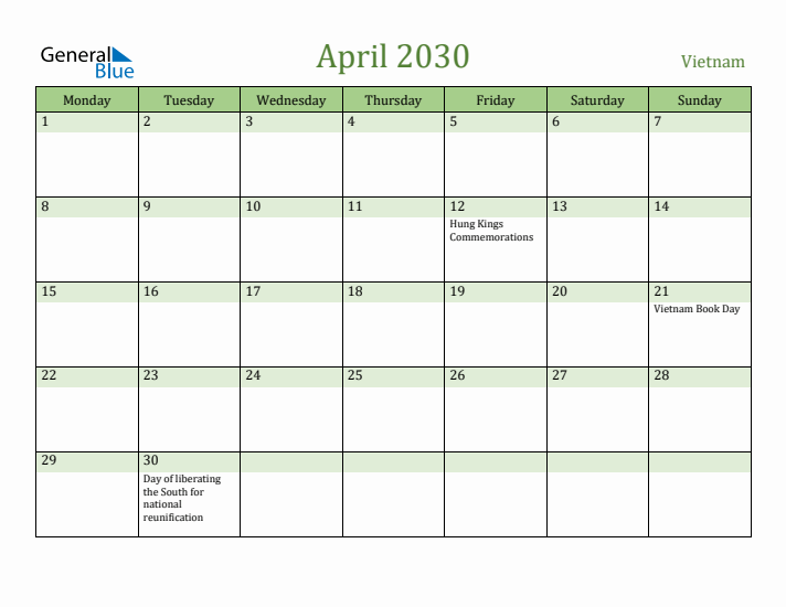 April 2030 Calendar with Vietnam Holidays