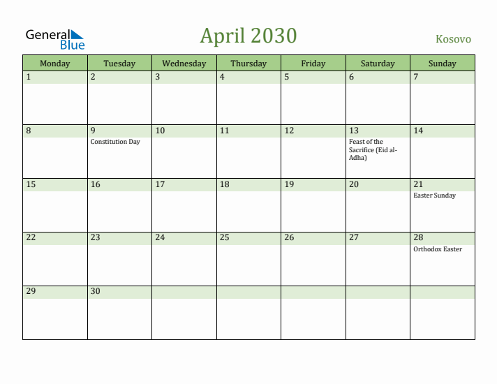 April 2030 Calendar with Kosovo Holidays