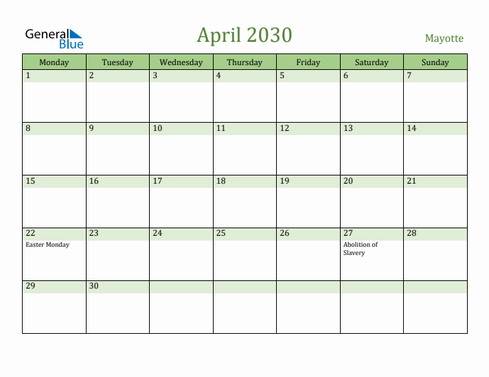 April 2030 Calendar with Mayotte Holidays