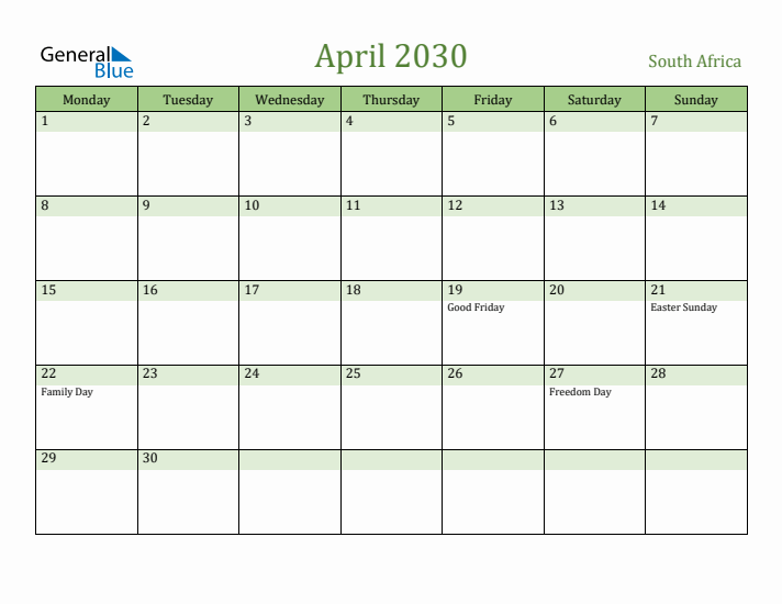 April 2030 Calendar with South Africa Holidays