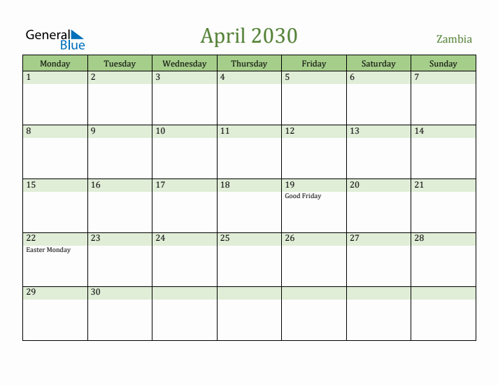 April 2030 Calendar with Zambia Holidays