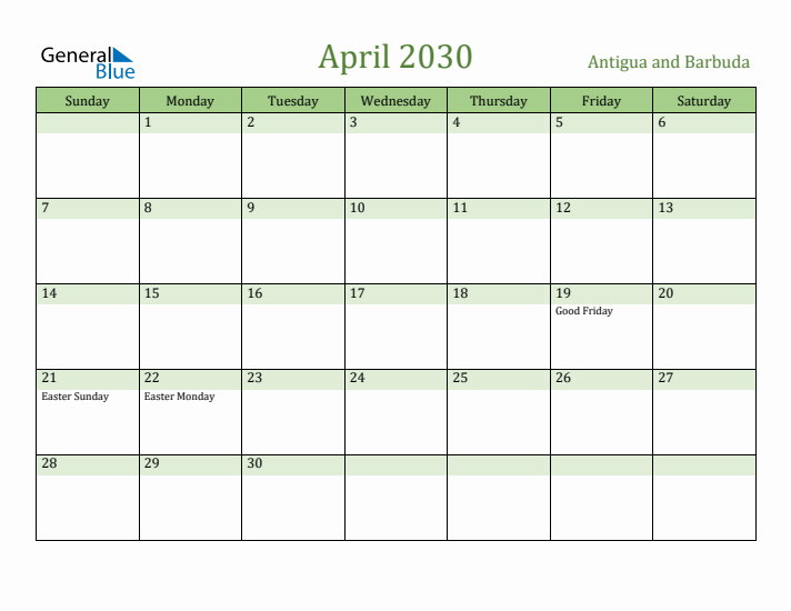 April 2030 Calendar with Antigua and Barbuda Holidays