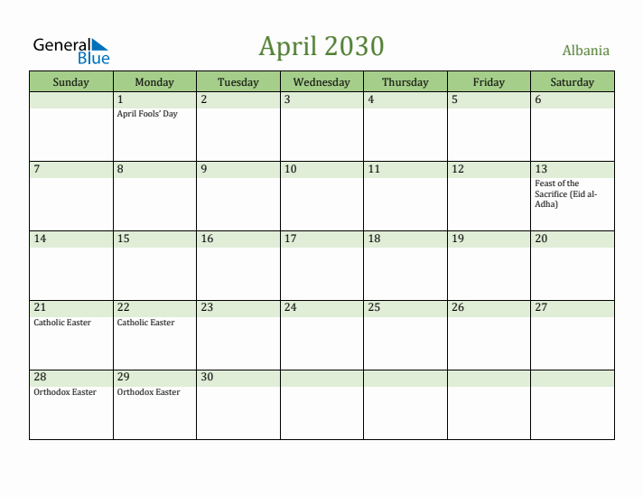 April 2030 Calendar with Albania Holidays