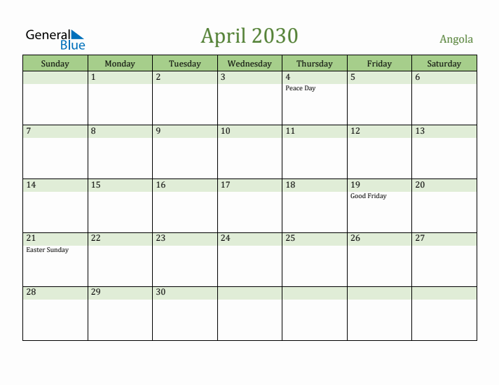April 2030 Calendar with Angola Holidays