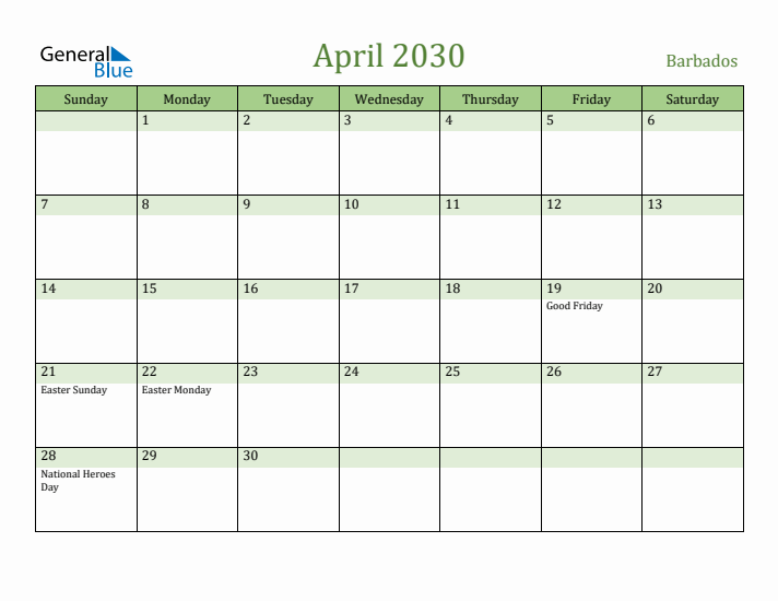 April 2030 Calendar with Barbados Holidays
