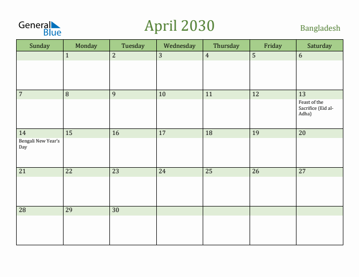 April 2030 Calendar with Bangladesh Holidays